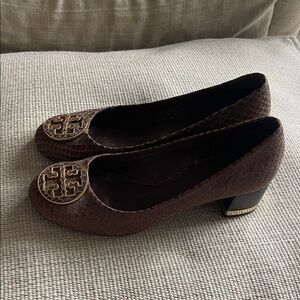 Tory Burch Brown Textured Heels with Gold Accent